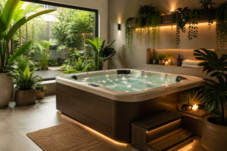 Modern Indoor Hot Tub with Plants: A Luxurious Biophilic Spa Experience