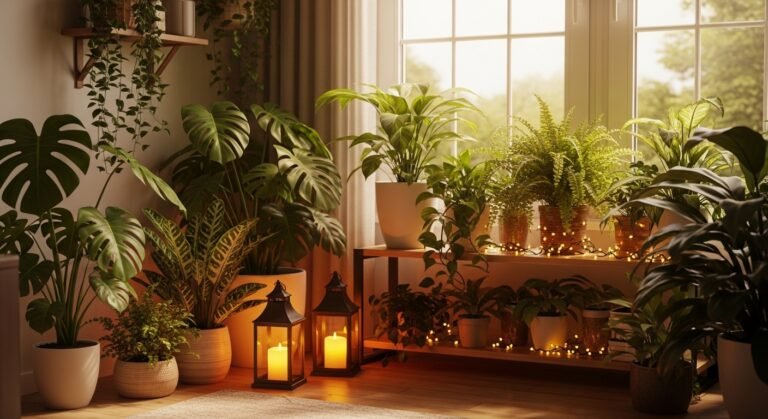 Cozy Indoor Garden with Plants and Lanterns: A Warm and Relaxing Home Escape