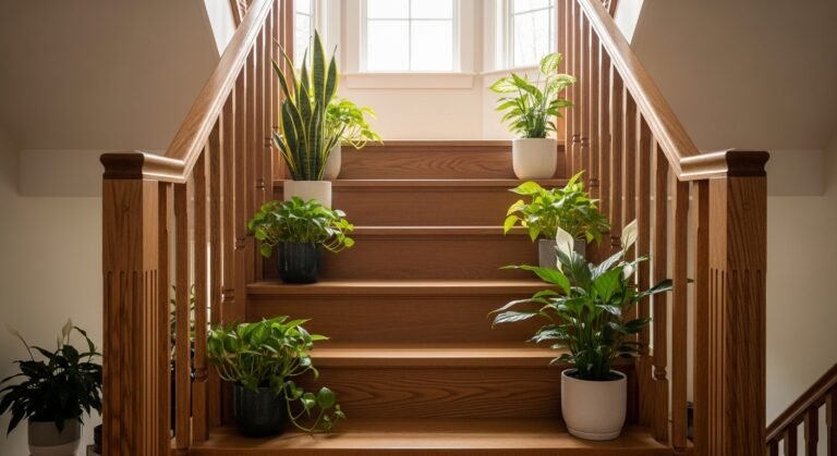 Wooden Staircase with Indoor Plants: A Natural and Elegant Home Design Trend